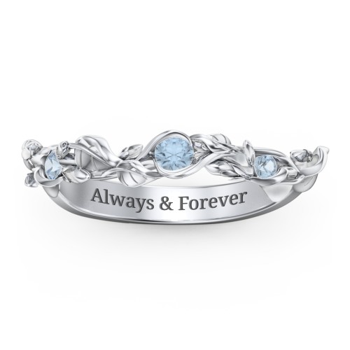 Leaf Band Ring with Gemstones – Sterling Silver with Blue Topaz