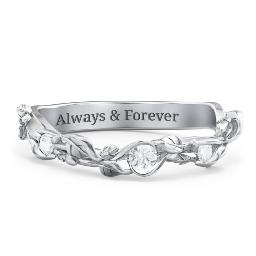 Leaf Band Ring with Gemstones – Sterling Silver with Cubic Zirconia