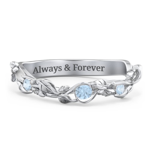Leaf Band Ring with Gemstones – Sterling Silver with Blue Topaz