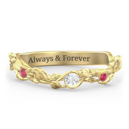 Leaf Band Ring with Gemstones – 10K Yellow Gold with Cubic Zirconia and Garnet