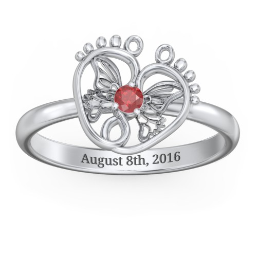 Butterfly Baby Feet Ring – Sterling Silver with Garnet