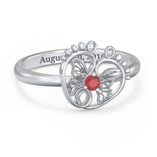 Butterfly Baby Feet Ring – Sterling Silver with Garnet