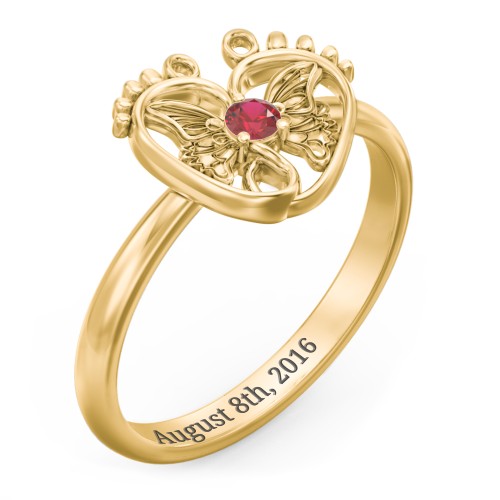 Butterfly Baby Feet Ring – 10K Yellow Gold with Garnet
