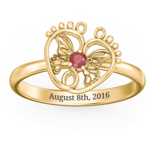 Butterfly Baby Feet Ring – 10K Yellow Gold with Garnet