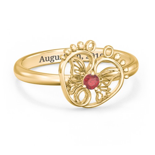 Butterfly Baby Feet Ring – 10K Yellow Gold with Garnet