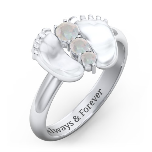 Baby Feet Birthstone Ring – Sterling Silver with Opal