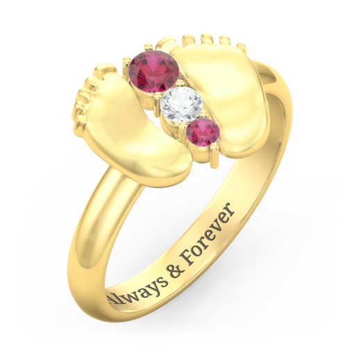 Baby Feet Birthstone Ring – 10K Yellow Gold with Ruby and Cubic Zirconia