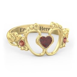 Baby Footprints Ring with Heart Cut Gemstone and Accents