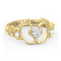 Baby Footprints Ring with Heart Cut Gemstone and Accents