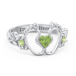 Baby Footprints Ring with Heart Cut Gemstone and Accents