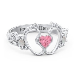 Baby Footprints Ring with Heart Cut Gemstone and Accents