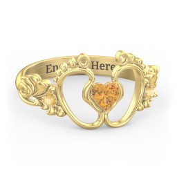 Baby Footprints Ring with Heart Cut Gemstone and Accents