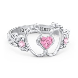 Baby Footprints Ring with Heart Cut Gemstone and Accents