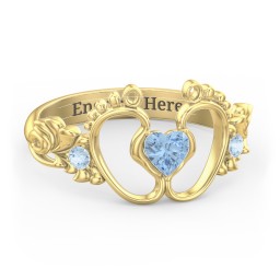 Baby Footprints Ring with Heart Cut Gemstone and Accents