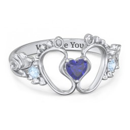 Baby Footprints Ring with Heart Cut Gemstone and Accents in 925 Sterling Silver with Blue Sapphire and Blue Topaz