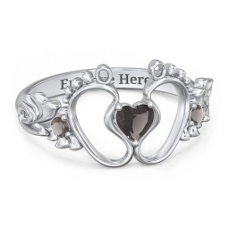 Baby Footprints Ring with Heart Cut Gemstone and Accents in 925 Sterling Silver with Smokey Quartz