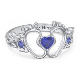 Baby Footprints Ring with Heart Cut Gemstone and Accents in 925 Sterling Silver with Blue Sapphire