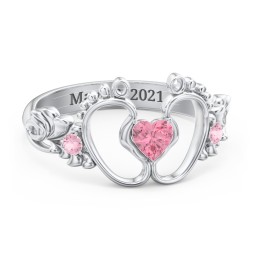 Baby Footprints Ring with Heart Cut Gemstone and Accents in 925 Sterling Silver with Pink Tourmaline