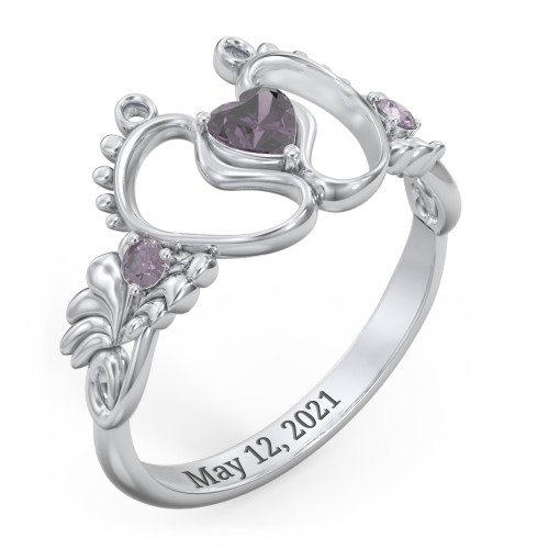 Baby Footprints Ring with Heart Cut Gemstone and Accents – Sterling Silver with Alexandrite