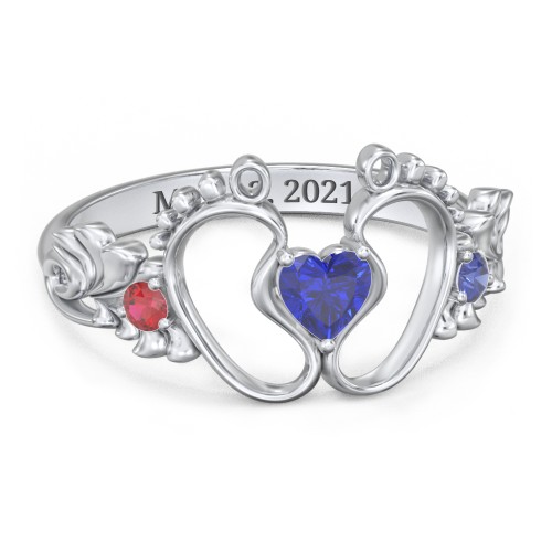 Baby Footprints Ring with Heart Cut Gemstone and Accents – Sterling Silver with Blue Sapphire and Garnet