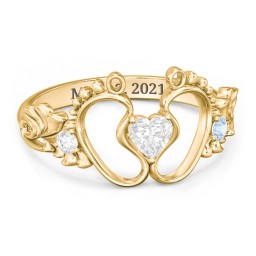 Baby Footprints Ring with Heart Cut Gemstone and Accents in 10K Solid Yellow Gold with Diamond and Blue Topaz