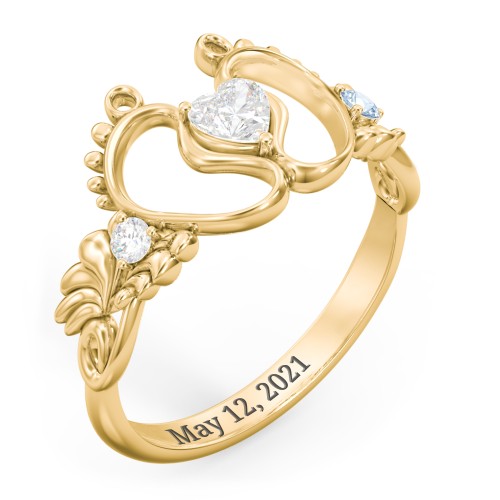 Baby Footprints Ring with Heart Cut Gemstone and Accents – 10K Yellow Gold with Diamond and Blue Topaz