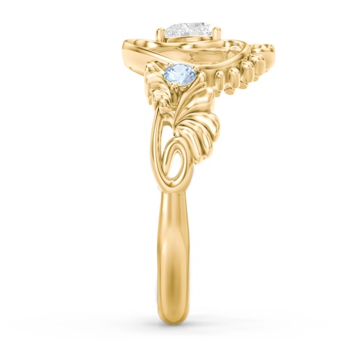 Baby Footprints Ring with Heart Cut Gemstone and Accents – 10K Yellow Gold with Diamond and Blue Topaz