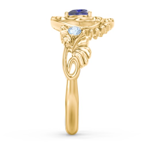 Baby Footprints Ring with Heart Cut Gemstone and Accents – 10K Yellow Gold with Blue Sapphire and Blue Topaz
