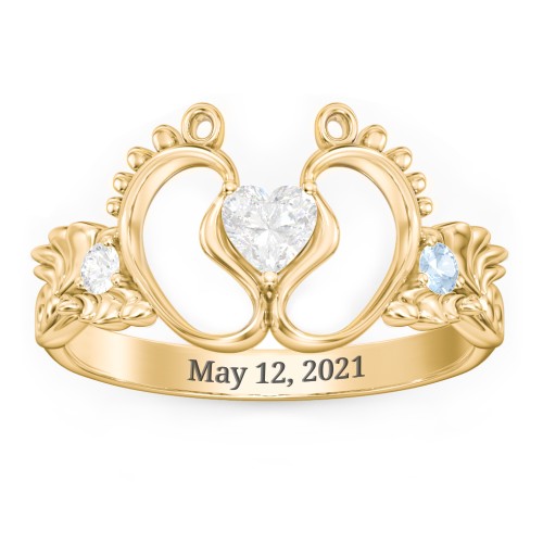 Baby Footprints Ring with Heart Cut Gemstone and Accents – 10K Yellow Gold with Diamond and Blue Topaz