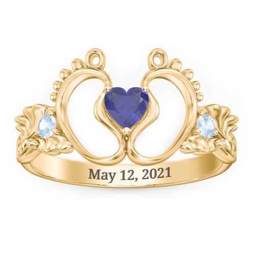Baby Footprints Ring with Heart Cut Gemstone and Accents – 10K Yellow Gold with Blue Sapphire and Blue Topaz