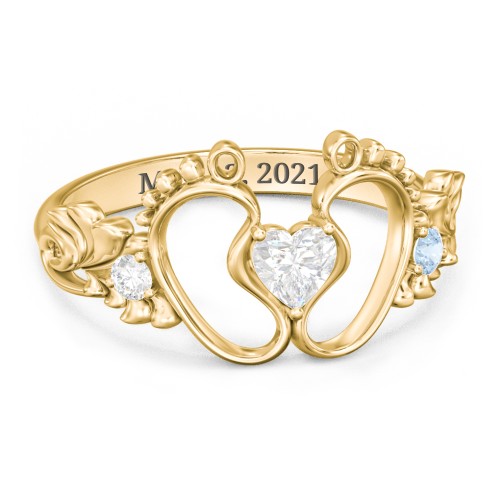 Baby Footprints Ring with Heart Cut Gemstone and Accents – 10K Yellow Gold with Diamond and Blue Topaz