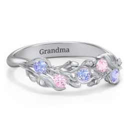 Organic Leaf Five Stone Family Ring in 925 Sterling Silver with Tanzanite and Pink Tourmaline