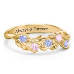 Organic Leaf Five Stone Family Ring in 10K Solid Yellow Gold with Tanzanite and Pink Tourmaline