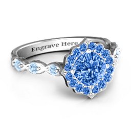 Vintage Glamour Ring With Accent Stones in 925 Sterling Silver with Fancy Blue Premium Zirconia and Aquamarine