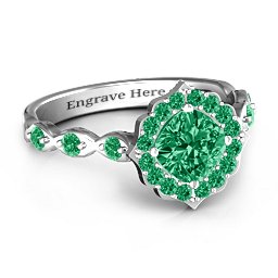 Vintage Glamour Ring With Accent Stones in 925 Sterling Silver with Green Premium Zirconia and Emerald