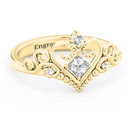 Fairytale Princess Tiara Ring in 10K Solid Yellow Gold with Cubic Zirconia and White Premium Zirconia