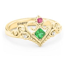 Fairytale Princess Tiara Ring in 10K Solid Yellow Gold with Emerald, Ruby, and White Premium Zirconia
