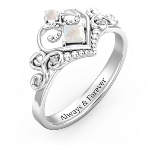 Fairytale Princess Tiara Ring – Sterling Silver with Opal and White Premium Zirconia