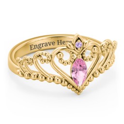 Heart Tiara Ring with Marquise Gemstone in 14K Solid Yellow Gold with Pink Tourmaline, Amethyst, and Cubic Zirconia
