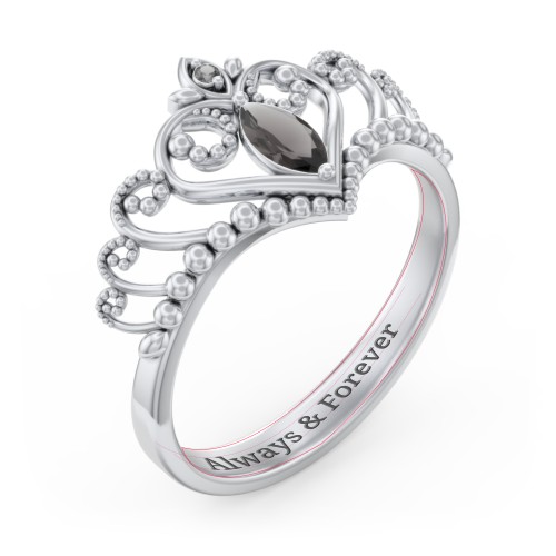 Heart Tiara Ring with Marquise Gemstone – Sterling Silver with Smokey Quartz and Black Premium Zirconia