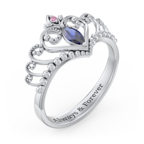 Heart Tiara Ring with Marquise Gemstone – Sterling Silver with Blue Sapphire and Red Premium Zirconia