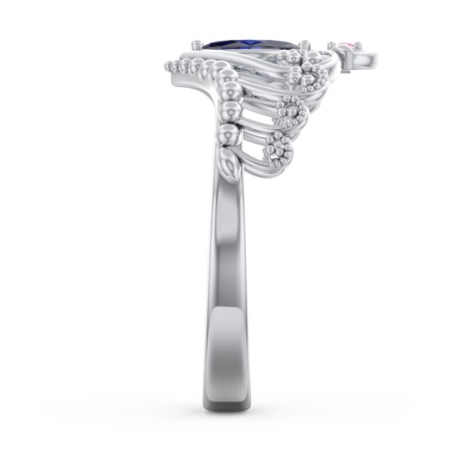 Heart Tiara Ring with Marquise Gemstone – Sterling Silver with Blue Sapphire and Red Premium Zirconia