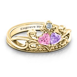 Ever Enchanted Double Heart Tiara Ring in 14K Solid Yellow Gold with Pink Tourmaline, Amethyst, and Cubic Zirconia