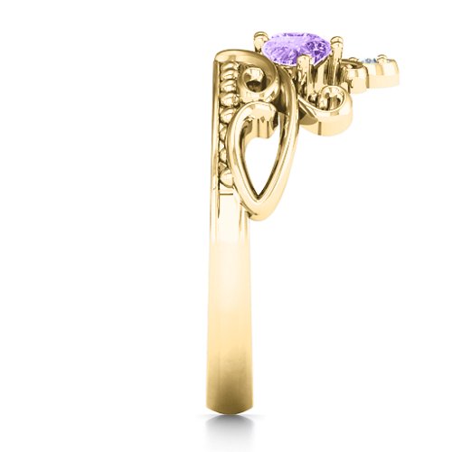 Ever Enchanted Double Heart Tiara Ring – 14K Yellow Gold with Pink Tourmaline, Amethyst, and Cubic Zirconia