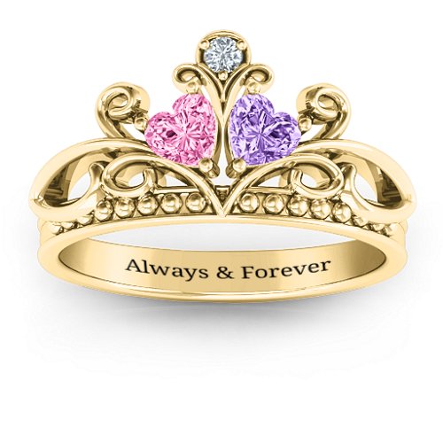 Ever Enchanted Double Heart Tiara Ring – 14K Yellow Gold with Pink Tourmaline, Amethyst, and Cubic Zirconia