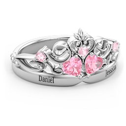 Engravable Double Heart Gemstone Tiara Ring with Accents