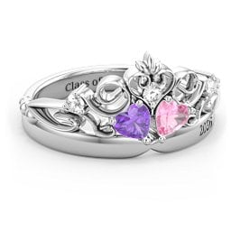 Engravable Double Heart Gemstone Tiara Ring with Accents
