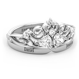 Engravable Double Heart Gemstone Tiara Ring with Accents