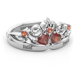 Engravable Double Heart Gemstone Tiara Ring with Accents