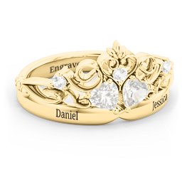 Engravable Double Heart Gemstone Tiara Ring with Accents in 10K Solid Yellow Gold with Cubic Zirconia